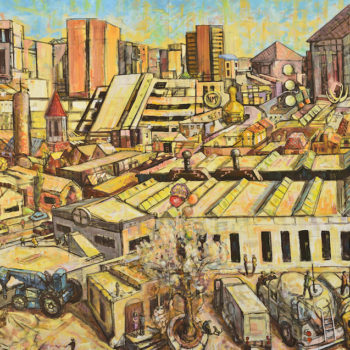 mural of city scene in desert hue