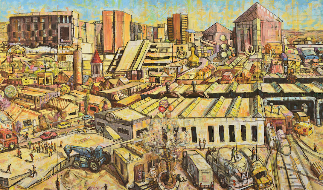 mural of city scene in desert hue