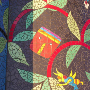 mural of mosaic box among flowers