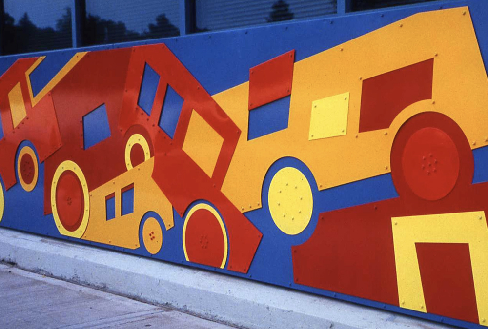 mural of metal block car pile-up
