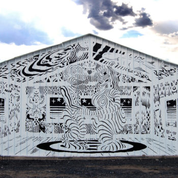 black and white line mural of spirit room