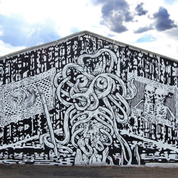 black and white spaghetti monster mural painting