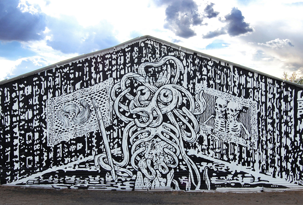 black and white spaghetti monster mural painting