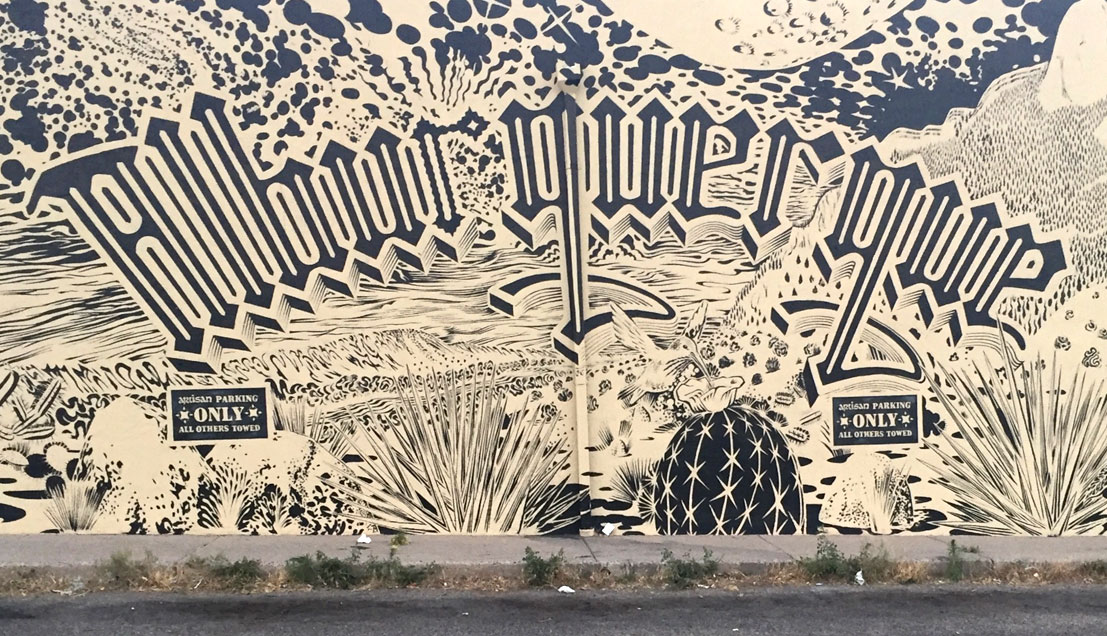 black and white line mural desert basin and lettering