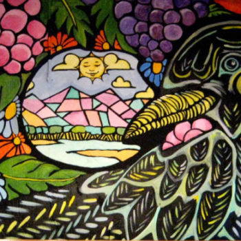 detail shot of bird painting and mosaic design