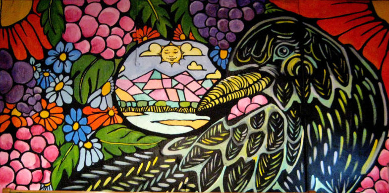 detail shot of bird painting and mosaic design