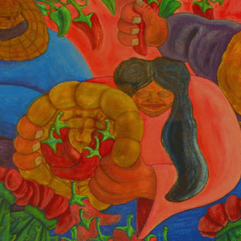 Mexican style mural of chili harvest
