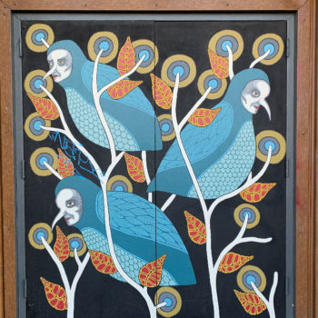 mural of masked birdmen