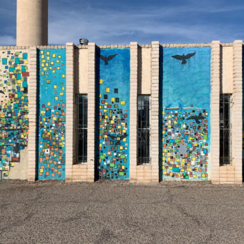 mural of flying bird pixels
