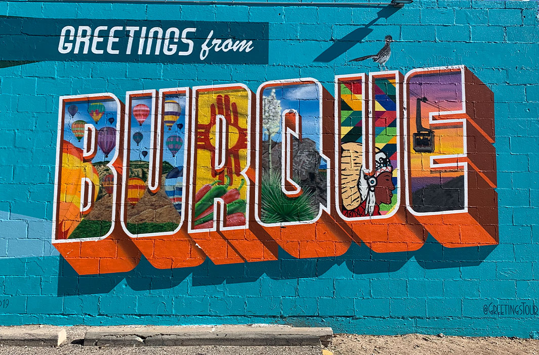 block letters filled with images of NM