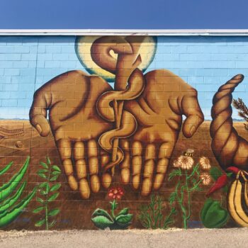 Healing Hands and Rod of Asclepius in desert landscape