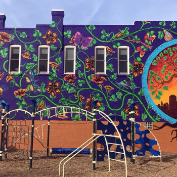 Floral vines and a tree in front of the Albuquerque skyline